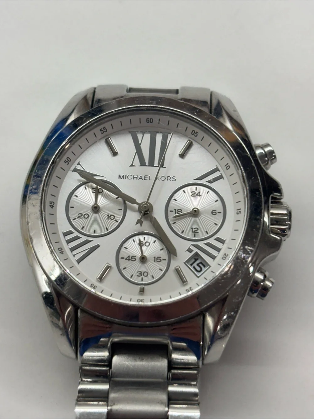 Michael Kors MK6174 Silver Stainless Chronograph Watch White Dial Needs Battery